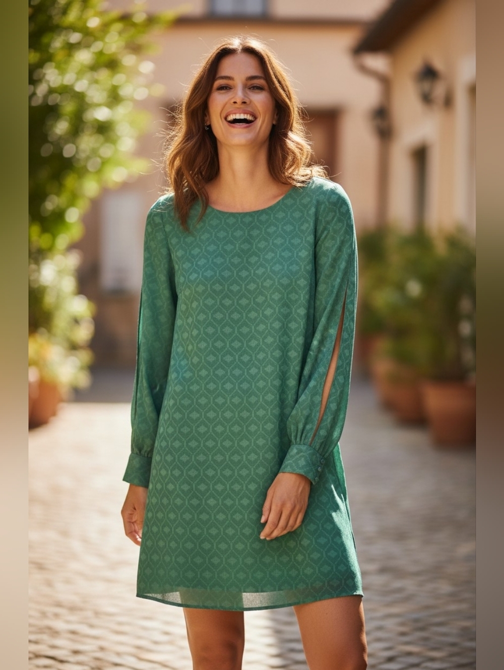 Maurices Green/Teal Geometric Diamond Print Shift Dress w/Slit Blouson Sleeves